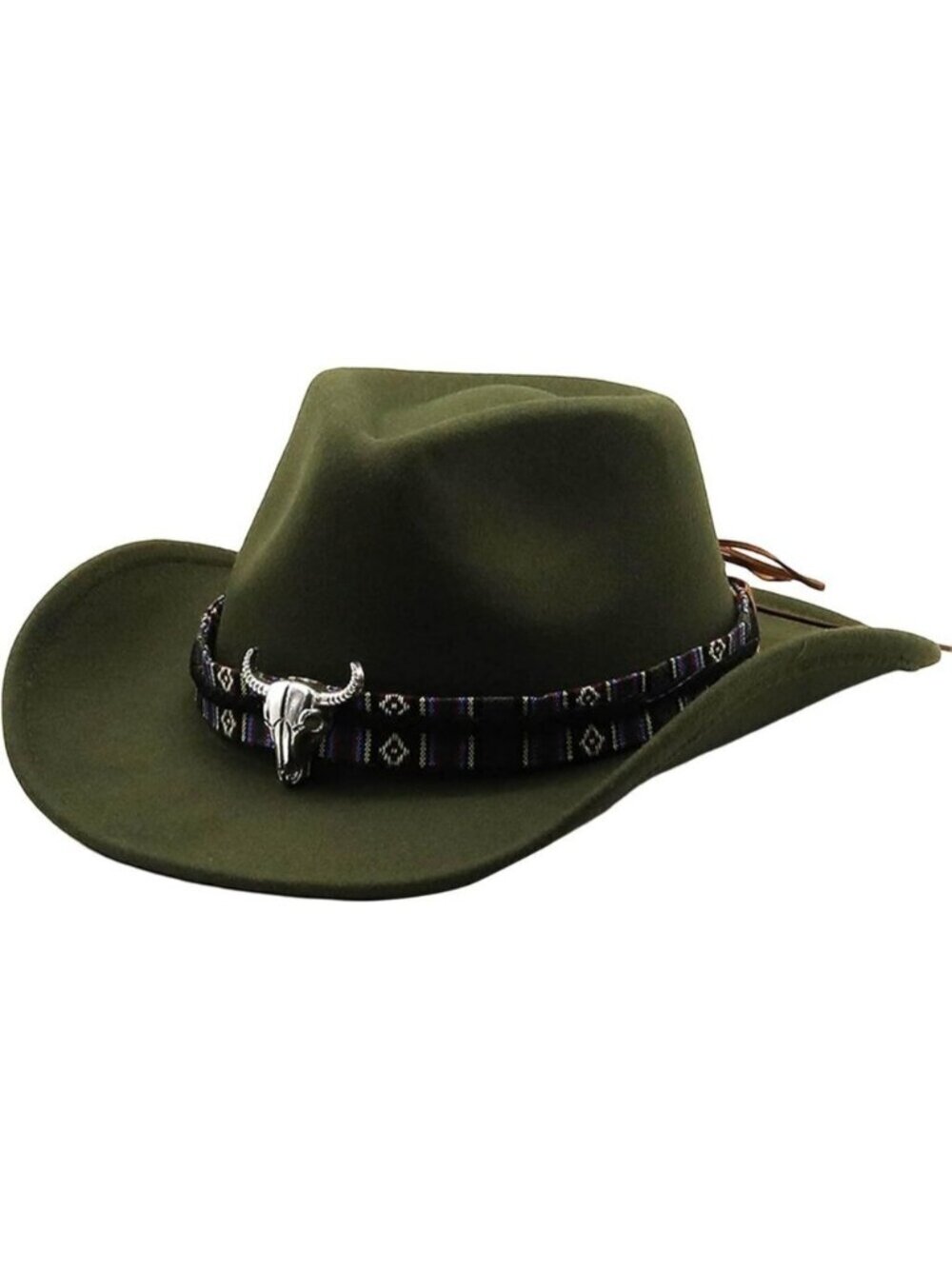 Unisex Olive 100% Polyester Bull Skull Patterned Band Classic Fedora Cowboy Hat